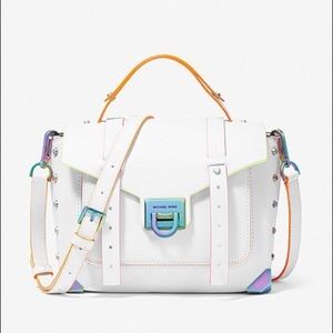 Michael Kors Manhattan Small Contrast-Trim Leather Satchel white bag